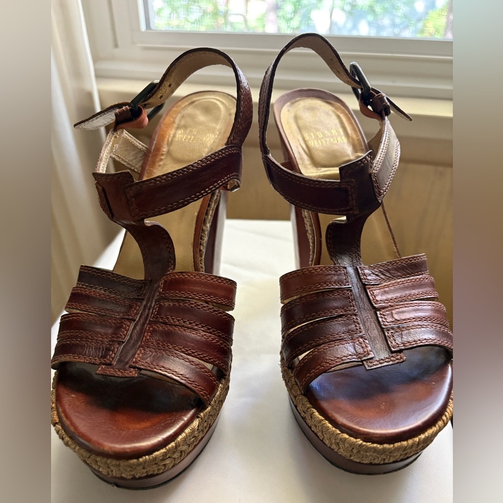 Stuart Weitzman size 6 leather wood strappy sandals